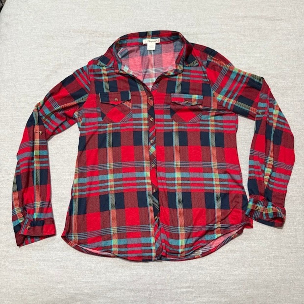 Passport Womens Plaid Button Down Shirt Roll Tab Long Sleeve Top Red Blue L